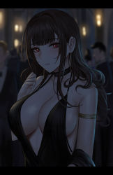 Rule 34 | armlet, backless dress, backless outfit, bare shoulders, black choker, black dress, blunt bangs, blurry, blurry background, blush, breasts, brown hair, choker, cleavage, cocktail dress, dress, dsr-50 (girls&#039; frontline), dsr-50 (highest bid) (girls&#039; frontline), earrings, evening gown, girls&#039; frontline, highres, jewelry, large breasts, letterboxed, long hair, looking at viewer, multiple boys, multiple girls, official alternate costume, parted lips, party, red eyes, selcky, sideboob, sidelocks, sleeveless, sleeveless dress, smile, solo focus, upper body