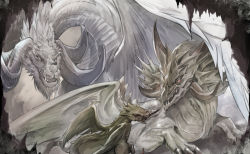 Rule 34 | babape, claws, commentary, curled horns, dragon, final fantasy, final fantasy xiv, horns, hraesvelgr (ff14), looking at another, lying, multiple horns, no humans, on stomach, open mouth, red eyes, sharp teeth, slit pupils, teeth, tiamat (ff14), vrtra, wings, yellow eyes