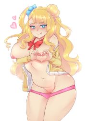 Rule 34 | 1girl, :p, absurdres, blonde hair, blue eyes, blush, breasts, cleft of venus, closed mouth, cowboy shot, curvy, galko, heart, heart-shaped boob challenge, heart hands, highres, large breasts, long hair, looking at viewer, navel, nipples, no bra, nude jacket, oshiete! galko-chan, panties, panty pull, pink panties, pussy, side bun, side ponytail, simple background, smile, solo, the scarlet devil, thighs, tongue, tongue out, underwear, white background