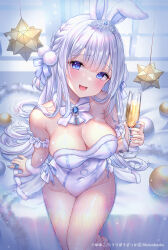Rule 34 | 1girl, :d, alcohol, animal ears, arm support, bare shoulders, blue eyes, blue nails, blush, bow, braid, champagne, champagne flute, commentary request, cup, drinking glass, fishnet pantyhose, fishnets, fur-trimmed leotard, fur trim, grey hair, hair between eyes, holding, holding cup, leotard, nail polish, open mouth, original, pantyhose, playboy bunny, rabbit ears, smile, solo, strapless, strapless leotard, white bow, white leotard, white pantyhose, yuyuko (yuyucocco)