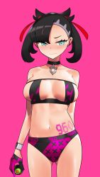 Rule 34 | 1girl, absurdres, alternate breast size, arm behind back, asymmetrical bangs, bikini, black choker, blush, breasts, choker, closed mouth, collarbone, commentary, cowboy shot, creatures (company), dusk ball, dynamax band, ear piercing, embarrassed, english commentary, furrowed brow, game freak, gloves, green eyes, hair ribbon, highres, holding, holding poke ball, large breasts, marnie (pokemon), mixed-language commentary, monkey jon, navel, nintendo, number tattoo, pendant choker, piercing, pink background, poke ball, pokemon, pokemon swsh, purple gloves, red ribbon, ribbon, simple background, single glove, solo, stomach, swimsuit, tattoo, twintails, two-tone bikini, two side up