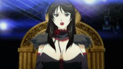 Rule 34 | 1girl, animated, animated gif, black eyes, black hair, bouncing breasts, breasts, cleavage, dance in the vampire bund, detached sleeves, female focus, goth fashion, indoors, jiggle, large breasts, lipstick, long hair, makeup, red lips, solo, vampire, veratos