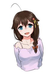 Rule 34 | 1girl, ahoge, alternate costume, black hair, blouse, blue eyes, braid, collarbone, commentary request, cropped torso, hair flaps, hair over shoulder, kantai collection, looking at viewer, shigure (kancolle), shigure kai ni (kancolle), shirt, side braid, simple background, single braid, smile, solo, tamu (mad works), white background, white shirt