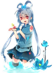Rule 34 | 1girl, bad id, bad pixiv id, berry, fingerless gloves, flower, gloves, grey hair, long hair, luo tianyi, mctee, red eyes, short hair with long locks, single thighhigh, skirt, smile, solo, thighhighs, toma (mctee), twintails, vocaloid
