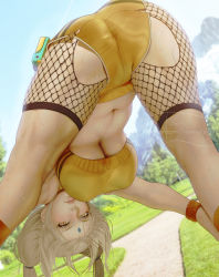 Rule 34 | 1girl, ass, bent over, blonde hair, blurry, blurry background, breasts, crop top, day, dutch angle, facial mark, fishnet pantyhose, fishnets, forehead mark, hanging breasts, kneepits, large breasts, legs, pantyhose under shorts, long hair, looking at viewer, naruto, naruto (series), navel, ninja, outdoors, pantyhose, shorts, solo, sweat, teemu taiga, tsunade (naruto), view between legs, yellow eyes