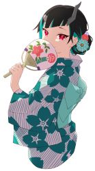 Rule 34 | 1girl, akitetsu, black hair, blue bow, blue flower, blue hair, blue kimono, bow, closed mouth, cowboy shot, demon girl, demon horns, floral print, flower, hair flower, hair ornament, hand fan, holding, holding fan, horns, japanese clothes, kimono, long sleeves, looking at viewer, multicolored hair, nanashi inc., pink flower, pointy ears, red eyes, red flower, shishio chris, short hair, simple background, smile, solo, striped clothes, striped kimono, sugar lyric, transparent background, two-tone hair, virtual youtuber, white kimono, wide sleeves, yukata