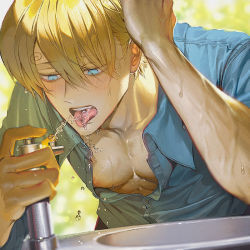 Rule 34 | 1boy, blonde hair, blue eyes, blue shirt, blush, buttons, covered erect nipples, day, drinking, drinking fountain, faucet, hand on own head, large pectorals, male focus, nipple slip, nipples, one piece, outdoors, partially unbuttoned, pectoral cleavage, pectorals, runa (nori31291404), sanji (one piece), shirt, short hair, solo, tongue, tongue out, upper body, water, wet, wet face, wet hair