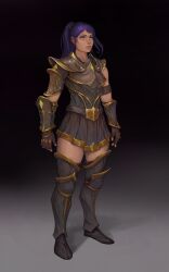 Rule 34 | 1girl, absurdres, armor, armored boots, armored skirt, blue hair, boots, buckle, commentary, commission, dang (runescape), earrings, english commentary, fingerless gloves, full body, gauntlets, gem, gloves, gradient background, greaves, highres, jewelry, knight of cydonia, long hair, medieval, orange eyes, original, plate armor, ponytail, runescape, simple background, solo, spiked ear piercing, standing, thick eyebrows