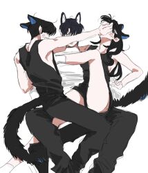 Rule 34 | 1girl, 2boys, animal ears, black hair, black tank top, cat boy, cat ears, cat girl, cat tail, feet out of frame, fighting, highres, long hair, lying, multiple boys, on side, original, pushing away, short hair, simple background, ska 3, tail, tank top, white background