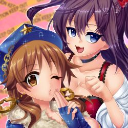 Rule 34 | 10s, 2girls, :3, blue eyes, blue gloves, breasts, brown hair, caution tape, choker, cleavage, collarbone, dress, earrings, finger gun, fingerless gloves, gloves, hair between eyes, hat, highres, ichinose shiki, idolmaster, idolmaster cinderella girls, jewelry, katagiri sanae, lace, lace-trimmed dress, lace trim, long hair, miginohito mitsuru, multiple girls, one eye closed, paw pose, police hat, shirt, short twintails, sparkle, twintails, yellow eyes