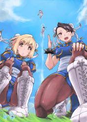 Rule 34 | 2boys, 2girls, ;), black hair, blonde hair, blue dress, blue sky, blush, boots, bracelet, breasts, brown eyes, brown legwear, bun cover, capcom, china dress, chinese clothes, chun-li, chun-li (cosplay), clone, cloud, cosplay, cross-laced footwear, day, djeeta (granblue fantasy), double bun, dougi, dress, earrings, eyeliner, from below, gran (granblue fantasy), granblue fantasy, highres, hori shin, jewelry, knee boots, lace-up boots, large breasts, makeup, multiple boys, multiple girls, one eye closed, open mouth, pantyhose, pelvic curtain, puffy short sleeves, puffy sleeves, ryu (street fighter), ryu (street fighter) (cosplay), sash, short hair, short sleeves, shouryuuken, sky, smile, spiked bracelet, spikes, squatting, street fighter, thick thighs, thighs, uppercut, white footwear