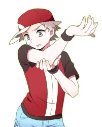 Rule 34 | 1boy, bad id, bad pixiv id, baseball cap, blue pants, brown eyes, brown hair, brown shirt, commentary request, creatures (company), fingernails, game freak, hands up, hat, jacket, looking down, male focus, nintendo, pants, parted lips, pokemon, pokemon frlg, pumpkinpan, red (pokemon), red hat, red jacket, shirt, short hair, short sleeves, simple background, sleeveless, sleeveless jacket, solo, spiked hair, sweatdrop, white background, wristband