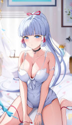Rule 34 | 1girl, absurdres, ayaka (genshin impact), bare arms, bare shoulders, barefoot, black choker, blue eyes, blunt bangs, breasts, choker, collarbone, commentary request, covered navel, genshin impact, grey hair, hair ribbon, highres, indoors, large breasts, long hair, looking at viewer, parted lips, pink ribbon, ponytail, ribbon, sitting, solo, spaghetti strap, thighs, very long hair, wariza, yeni1871