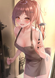 Rule 34 | 1girl, :d, apron, bare shoulders, breasts, brown hair, collarbone, cowboy shot, fang, hair ornament, hairclip, highres, holding, ladle, leaning forward, long hair, looking at viewer, medium breasts, monaka curl, naked apron, open mouth, orange eyes, original, ponytail, side-tie peek, smile, solo, x hair ornament