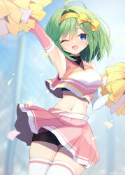 Rule 34 | 1girl, ;d, ahoge, arm up, armpits, bare shoulders, bike shorts, black shirt, black shorts, blue eyes, breasts, cheerleader, cowboy shot, crop top, crop top overhang, green hair, hairband, highres, holding, holding pom poms, medium breasts, medium hair, midriff, miniskirt, navel, one eye closed, open mouth, original, pink shirt, pink skirt, pleated skirt, pom pom (cheerleading), pom poms, shirai tanuki, shirt, shorts, shorts under skirt, skirt, sleeveless, sleeveless shirt, smile, solo, stomach, sweat, takeda emi, thighhighs, undershirt, white thighhighs