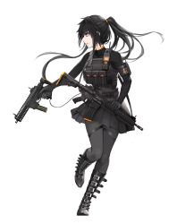 Rule 34 | 1girl, ar-15, assault rifle, bad id, bad pixiv id, black footwear, black gloves, black hair, black pantyhose, black skirt, black sweater, boots, breasts, brown eyes, cartridge, floating hair, full body, gloves, gun, hair between eyes, hair ornament, hairclip, highres, holding, holding gun, holding weapon, knee boots, long hair, long sleeves, looking away, m4 carbine, m4 sopmod ii, military, miniskirt, npt shizuka, original, pantyhose, parted lips, pleated skirt, ponytail, profile, rifle, shell casing, simple background, skirt, solo, standing, standing on one leg, submachine gun, sweater, uniform, walkie-talkie, weapon, weapon bag, white background