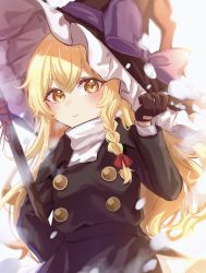 Rule 34 | 1girl, adapted costume, backlighting, blonde hair, bloom, blurry, blush, bow, braid, broom, buttons, cowboy shot, depth of field, flat chest, frills, from below, gloves, hair between eyes, hand up, hat, hat bow, highres, holding, holding broom, kirisame marisa, light smile, long hair, long sleeves, looking at viewer, parted lips, purple bow, simple background, solo, teeth, touhou, turtleneck, very long hair, white background, witch hat, yellow eyes, yomogi 9392