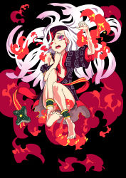 Rule 34 | 1girl, absurdres, anklet, barefoot, black background, blood, bloody tears, breasts, eyepatch, fire, floating hair, full body, highres, jewelry, long hair, one eye covered, open clothes, open mouth, pink eyes, robe, sash, simple background, solo, thighs, torn clothes, very long hair, wavy mouth, white hair, yamai chuu