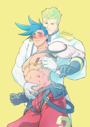 Rule 34 | 2boys, abs, absurdres, artist name, bara, belt, black belt, black gloves, blonde hair, blue hair, blush, closed mouth, evinist, galo thymos, gloves, groping, highres, jacket, kray foresight, large pectorals, male focus, multiple boys, muscular, muscular male, nipple piercing, nipples, pants, pectorals, piercing, promare, red pants, short hair, simple background, single sleeve, smile, white gloves, white jacket, white pants, yaoi, yellow background