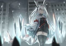Rule 34 | 1girl, animal ears, arknights, armband, black coat, black gloves, black thighhighs, breasts, building, city, cloak, closed mouth, coat, commentary, cowboy shot, english commentary, expressionless, eyes visible through hair, frostnova (arknights), gloves, grey eyes, grey sky, hair ornament, hair over one eye, hairclip, headpiece, highres, ice, jacket, long hair, looking at viewer, material growth, medium breasts, mirufuaa, open clothes, open jacket, originium arts (arknights), oripathy lesion (arknights), outdoors, parted bangs, rabbit ears, red ribbon, ribbon, silver hair, sky, solo, thighhighs, thighs, unzipped, white cloak, white jacket