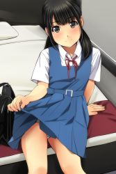 Rule 34 | 1girl, arm support, bag, bed, black eyes, black hair, blue dress, blush, closed mouth, clothes lift, collared shirt, commentary request, dress, dress lift, fingernails, head tilt, highres, lifted by self, long hair, low twintails, matsunaga kouyou, neck ribbon, nose blush, on bed, original, panties, pillow, pinafore dress, pleated dress, red ribbon, ribbon, school bag, shirt, short sleeves, sitting, sleeveless, sleeveless dress, smile, solo, twintails, underwear, white panties, white shirt