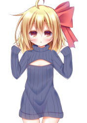 Rule 34 | 1girl, ahoge, bow, cleavage cutout, clothing cutout, esureki, flat chest, hair bow, hair ribbon, looking at viewer, meme attire, naked sweater, no pants, open-chest sweater, orange eyes, parted lips, ribbed sweater, ribbon, rumia, short hair, simple background, solo, sweater, touhou, turtleneck, white background