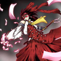 Rule 34 | 1girl, adapted costume, brown hair, buttons, color connection, colorized, cosplay, female focus, fingerless gloves, flying paper, fusion, gauntlets, gloves, gohei, hakurei reimu, jacket, ledjoker07, metal gloves, noumin, ofuda, paper, solo, sunglasses, touhou, trigun, vash the stampede, vash the stampede (cosplay)