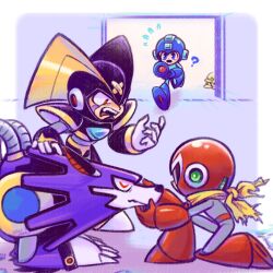 Rule 34 | 3boys, android, bass (mega man), blue eyes, fangs, highres, laser-lance, looking at another, mega man (character), mega man (classic), mega man (series), met (mega man), multiple boys, open mouth, proto man, red eyes, scarf, teeth, treble (mega man), upper teeth only, yellow scarf