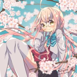 Rule 34 | 1girl, ahoge, blazer, blurry, bow, bowtie, braid, branch, character name, cherry blossoms, commentary request, depth of field, double bun, flower, glasses, grey thighhighs, hair bun, harunohotaru, jacket, kantai collection, long sleeves, looking at viewer, makigumo (kancolle), no nose, one-hour drawing challenge, pink hair, school uniform, side braid, signature, sitting, smile, solo, thighhighs, twintails