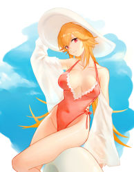 Rule 34 | 1girl, absurdres, azur lane, blonde hair, blue sky, breasts, cl (summer sama), collarbone, covered navel, hand on headwear, hat, highres, long hair, looking at viewer, medium breasts, one-piece swimsuit, red eyes, red one-piece swimsuit, richelieu (azur lane), richelieu (fleuron of the waves) (azur lane), sky, smile, solo, sun hat, swimsuit, thighs