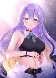 Rule 34 | 1girl, armpits, bare arms, bare shoulders, bead bracelet, beads, belt, black choker, black shirt, bow, bowtie, bracelet, breasts, choker, closed mouth, coat, collared shirt, crop top, duplicate, earrings, gradient hair, hair ornament, hairclip, highres, hololive, hololive indonesia, hoop earrings, jewelry, large breasts, long hair, looking at viewer, midriff, moona hoshinova, multicolored hair, nail polish, naomi (fantasia), navel, pixel-perfect duplicate, purple eyes, purple hair, revealing clothes, shirt, sleeveless, sleeveless shirt, smile, solo, stomach, two-tone hair, upper body, very long hair, virtual youtuber, wavy hair, white coat