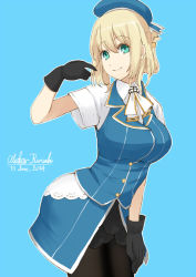 Rule 34 | 10s, 1girl, adapted costume, alternate hairstyle, atago (kancolle), black gloves, blonde hair, breasts, folded ponytail, gloves, green eyes, hat, kantai collection, kirisaki akihito, large breasts, long hair, looking at viewer, military, military uniform, pantyhose, personification, smile, solo, uniform