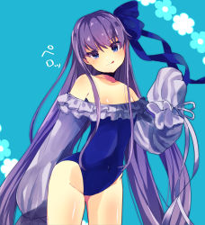 Rule 34 | 1girl, :q, bare shoulders, blue background, blue bow, blue eyes, blue one-piece swimsuit, blush, bow, closed mouth, collarbone, commentary request, covered navel, ebihara beniko, fate/grand order, fate (series), floral background, frilled swimsuit, frills, groin, hair between eyes, hair bow, head tilt, highres, long hair, long sleeves, looking at viewer, meltryllis, meltryllis (fate), meltryllis (swimsuit lancer) (fate), meltryllis (swimsuit lancer) (second ascension) (fate), one-piece swimsuit, puffy long sleeves, puffy sleeves, purple hair, sleeves past fingers, sleeves past wrists, smile, solo, strapless, strapless one-piece swimsuit, swimsuit, tongue, tongue out, v-shaped eyebrows, very long hair