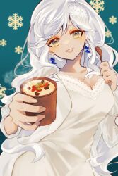 Rule 34 | 1girl, blue background, breasts, cleavage, coat, cup, eternity (reverse:1999), grin, hands up, head tilt, highres, holding, holding cup, holding spoon, jellyfish earrings, long hair, looking at viewer, milk, nightgown, outstretched hand, reverse:1999, smile, snowflake background, solo, spoon, steam, upper body, white coat, white hair, white nightgown, yellow eyes, yutsuki (gi5eg3)