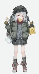 Rule 34 | 1girl, alternate costume, ankle boots, bag, blush, boots, brown eyes, coat, eating, food, food in mouth, food on face, g11 (girls&#039; frontline), girls&#039; frontline, gloves, green coat, grey background, grey skirt, grey socks, grey sweater, hair between eyes, half-closed eyes, hat, head tilt, highres, holding, holding bag, holding food, imoko (imonatsuki), kneehighs, light particles, long hair, looking away, messy hair, open clothes, plaid, plaid skirt, scarf, shopping bag, sidelocks, silver hair, simple background, skirt, sleeves past wrists, socks, solo, sweater, very long hair, white background, winter clothes, winter coat