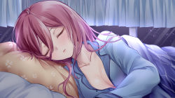 Rule 34 | 1girl, bed sheet, blanket, blush, breasts, cleavage, closed eyes, collarbone, curtains, facing viewer, go-toubun no hanayome, gou lianlian dogface, hair between eyes, highres, indoors, long hair, long sleeves, lying, medium breasts, nakano miku, night, night sky, on bed, on side, pajamas, parted lips, partially unbuttoned, pillow, purple hair, sky, sleeping, solo, under covers, upper body