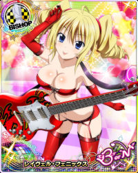 Rule 34 | 1girl, ahoge, bare shoulders, bishop (chess), blonde hair, blue eyes, blush, breasts, card (medium), character name, chess piece, cleavage, drill hair, guitar, high school dxd, instrument, large breasts, long hair, looking at viewer, official art, panties, ravel phenex, smile, solo, trading card, twin drills, underwear