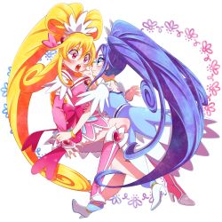 Rule 34 | 2girls, absurdres, aida mana, blonde hair, blue eyes, blue hair, blush, boots, bow, brooch, cure diamond, cure heart, dokidoki! precure, eye contact, floral background, hand on another&#039;s cheek, hand on another&#039;s face, heart, heart brooch, highres, hishikawa rikka, holding another&#039;s wrist, light smile, long hair, looking at another, multiple girls, open mouth, pink bow, pink eyes, pink footwear, ponytail, precure, white background, yupiteru, yuri