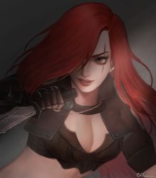 Rule 34 | 1girl, armor, breastplate, breasts, cleavage, dagger, green eyes, katarina (league of legends), knife, league of legends, long hair, red hair, scar, solo, upper body, weapon