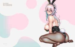 Rule 34 | 1girl, animal ears, aqua hair, ass, black leotard, blush, breasts, cleavage, colored inner hair, detached collar, fake animal ears, fishnet pantyhose, fishnets, full body, headphones, highres, large breasts, leotard, long hair, looking at viewer, looking back, multicolored hair, nitroplus, no shoes, official art, official wallpaper, pantyhose, pink eyes, pink hair, playboy bunny, rabbit ears, rabbit tail, sitting, soles, solo, strapless, strapless leotard, super sonico, tail, tsuji santa, two-tone hair, wariza