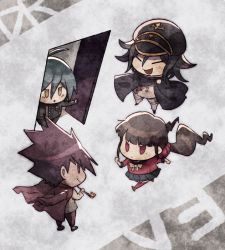 Rule 34 | :/, aoki (fumomo), black cape, black headwear, black skirt, blood, brown eyes, buttons, cape, checkered clothes, checkered scarf, chibi, closed eyes, commentary request, danganronpa (series), danganronpa v3: killing harmony, door, double-breasted, flipped hair, grey background, hair between eyes, hair ornament, hair scrunchie, harukawa maki, holding, holding smoking pipe, jacket, jacket on shoulders, long hair, long sleeves, looking at another, mole, mole under eye, momota kaito, open door, open mouth, oma kokichi, pants, pink blood, pink jacket, pink pants, red scrunchie, red shirt, running, saihara shuichi, scarf, scrunchie, serious, shirt, short hair, skirt, smoking pipe, translation request