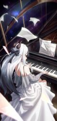 Rule 34 | 1girl, absurdres, bad id, bad pixiv id, black horns, blue archive, demon horns, dress, grand piano, grey hair, highres, horns, instrument, kayoko (blue archive), korean commentary, long hair, long sleeves, ly 7317, music, piano, piano keys, playing instrument, playing piano, red eyes, sheet music, solo, white dress