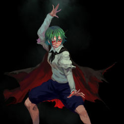 Rule 34 | 1girl, black background, blue shorts, cape, closed mouth, facepaint, glowing, glowing eyes, green eyes, green hair, hair between eyes, hand up, inishie kumo, layered sleeves, long sleeves, looking at viewer, one eye closed, puffy short sleeves, puffy sleeves, red cape, short hair, short over long sleeves, short sleeves, shorts, smile, solo, standing, torn cape, torn clothes, touhou, wriggle nightbug