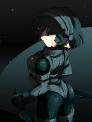 Rule 34 | 1girl, ass, black eyes, black hair, blood, blood on clothes, blood on face, bloody weapon, blush, bodysuit, holding, knife, looking at viewer, original, pointy ears, sakaki (noi-gren), short hair, solo, weapon