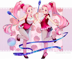 Rule 34 | 2girls, :d, absurdres, artist name, ass, blue eyes, blue ribbon, check commentary, cherry, commentary request, food, fruit, gymnastics, hair ornament, heart, heart hair ornament, highres, juggling club, leotard, long hair, multiple girls, open mouth, original, pink eyes, pink hair, ponytail, red leotard, rhythmic gymnastics, ribbon, ribbon baton, smile, snails0106, standing, very long hair