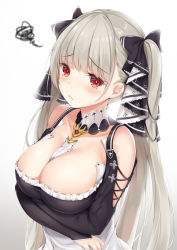Rule 34 | 1girl, arms under breasts, azur lane, bare shoulders, between breasts, black dress, blush, breasts, cleavage, dress, formidable (azur lane), frilled dress, frills, frown, grey hair, hair ribbon, highres, jewelry, kokuto (kurousagi1210), large breasts, long hair, long sleeves, looking at viewer, red eyes, ribbon, solo, squiggle, twintails, two-tone dress, very long hair