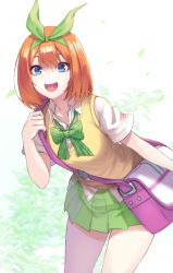 Rule 34 | 1girl, :d, bag, blue eyes, bow, bow hairband, bowtie, collarbone, collared shirt, cowboy shot, go-toubun no hanayome, green bow, green bowtie, green hairband, green skirt, hair between eyes, hair bow, hairband, highres, long hair, looking at viewer, miniskirt, nakano yotsuba, open mouth, orange hair, plaid, plaid bow, plaid bowtie, pleated skirt, re (re 09), school uniform, shirt, short sleeves, skirt, smile, solo, standing, straight hair, sweater, sweater vest, white background, white shirt, wing collar, yellow sweater