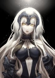 Rule 34 | 1girl, armor, black background, blonde hair, breasts, chain, clothing cutout, eyebrows, fate/grand order, fate (series), gauntlets, headpiece, jeanne d&#039;arc (fate), jeanne d&#039;arc alter (avenger) (fate), jeanne d&#039;arc alter (avenger) (third ascension) (fate), jeanne d&#039;arc alter (fate), light particles, long hair, looking at viewer, navel, navel cutout, pale skin, parted lips, rokuri-eva, ruler (fate/grand order), solo, upper body, white hair