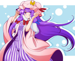 Rule 34 | 1girl, blue bow, blunt bangs, bow, capelet, crescent, crescent hair ornament, dress, eichi yuu, hair bow, hair ornament, hat, long hair, long sleeves, looking at viewer, mob cap, patchouli knowledge, purple eyes, purple hair, red bow, solo, striped clothes, striped dress, touhou, vertical-striped clothes, vertical-striped dress, very long hair, white capelet, wide sleeves