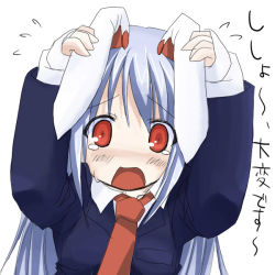 Rule 34 | 1girl, animal ears, blue hair, covering own ears, female focus, necktie, rabbit ears, red eyes, red necktie, reisen udongein inaba, silver hair, simple background, solo, source request, tears, touhou, translated, upper body